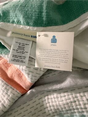 Pottery Barn Colby Kids Cotton Baby Crib Skirt in Green, Indigo, Coral Stripe